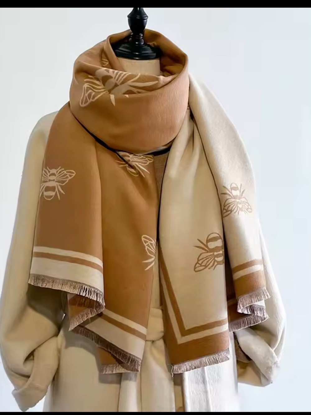 Reversible Camel and Cream Bee Motif Wrap Scarf